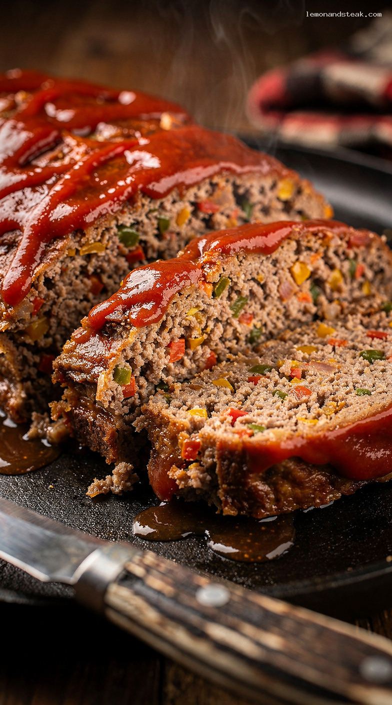 Homestyle Beef Meatloaf with Bell Peppers and Ketchup Glaze – Closeup