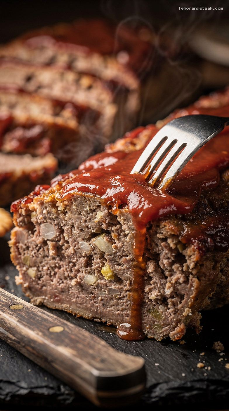 Homestyle Beef Meatloaf with Buttered Cracker Panade and Ketchup Glaze – Closeup