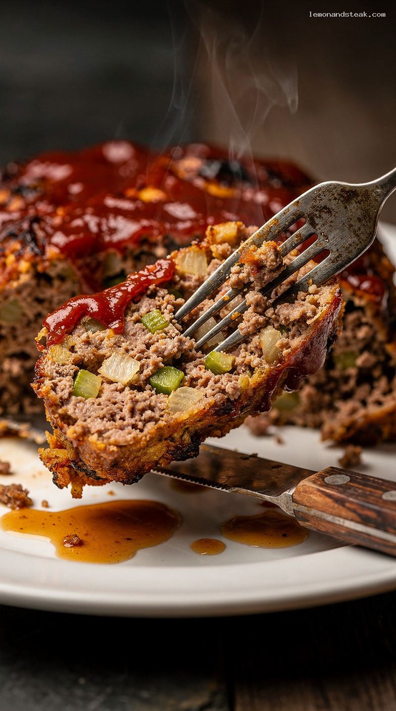 Homestyle Beef Meatloaf with Celery and Ketchup Glaze – Closeup