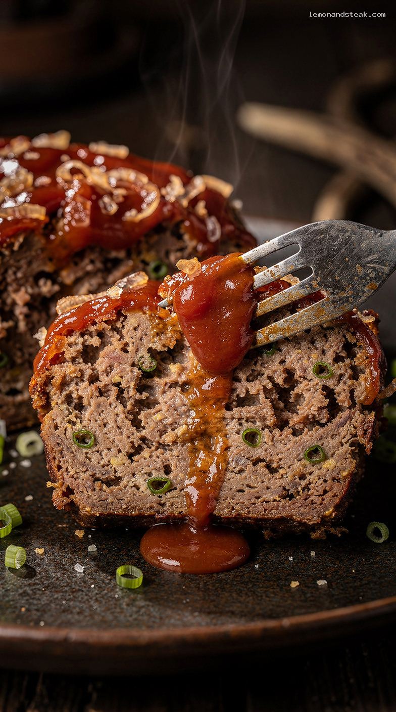 Homestyle Beef Meatloaf With Chives and Ketchup Glaze – Closeup