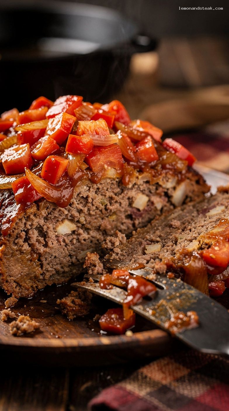 Homestyle Beef Meatloaf with Chunky Tomato-Onion Relish – Closeup