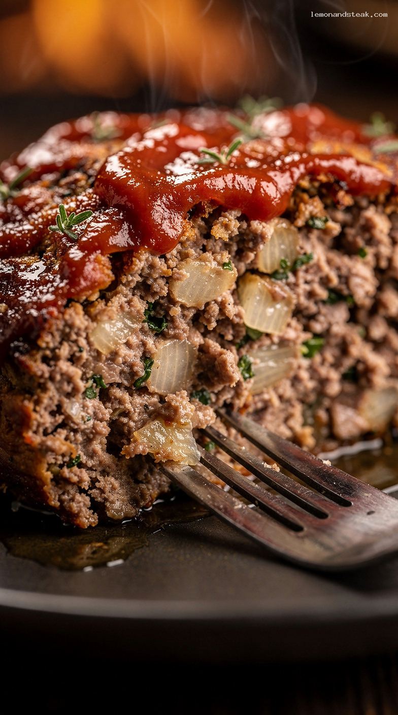 Homestyle Beef Meatloaf with Fresh Thyme and Tomato Topping – Closeup