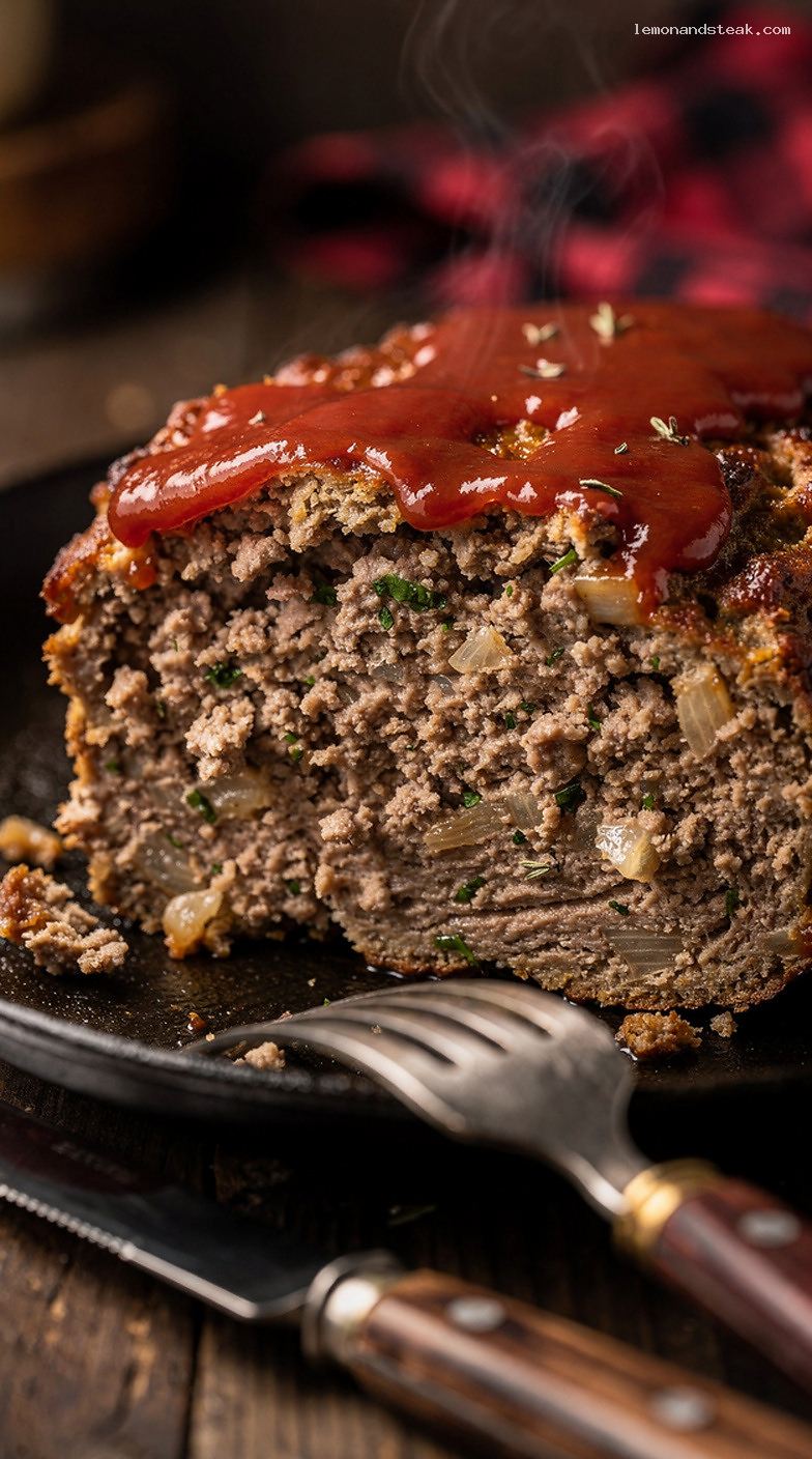 Homestyle Beef Meatloaf With Herb Blend and Ketchup Glaze – Closeup