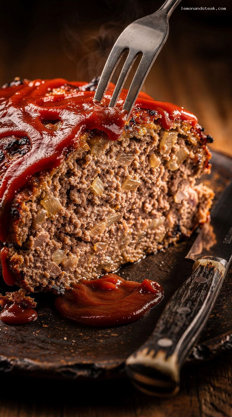Homestyle Beef Meatloaf with Onion Powder and Tomato Glaze – Closeup