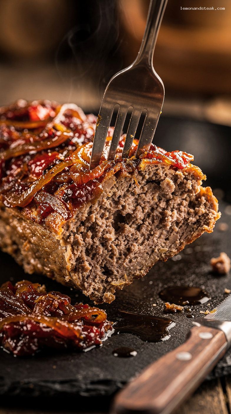 Homestyle Beef Meatloaf With Onion Tomato Jam Topping – Closeup