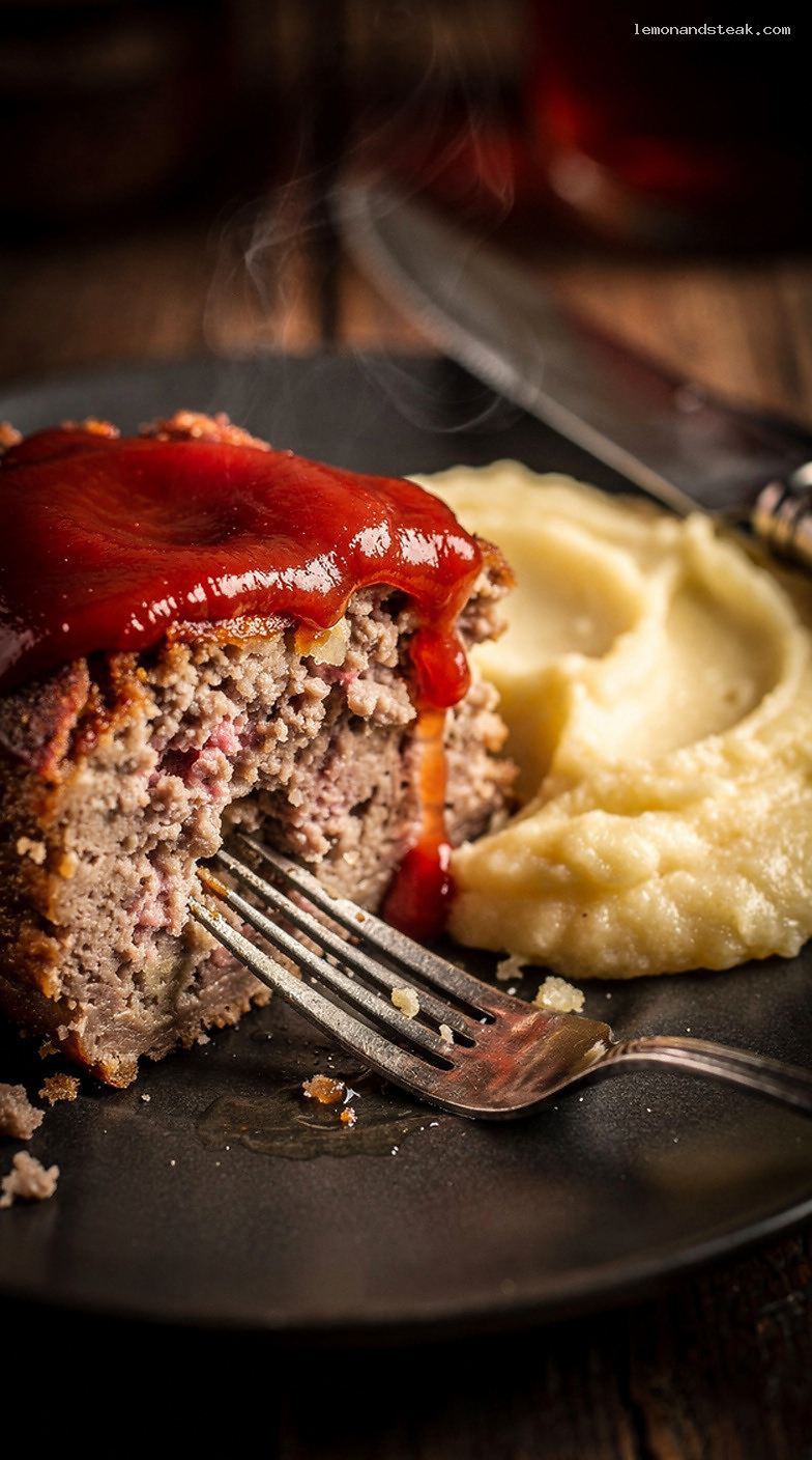 Homestyle Beef Meatloaf with Polenta Binder and Ketchup Glaze – Closeup
