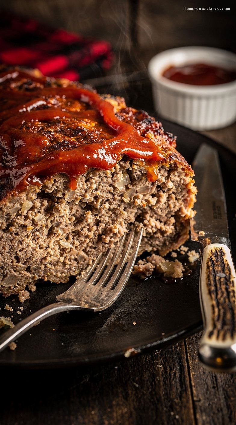 Homestyle Beef Meatloaf With Ritz Crackers and Ketchup Glaze – Closeup