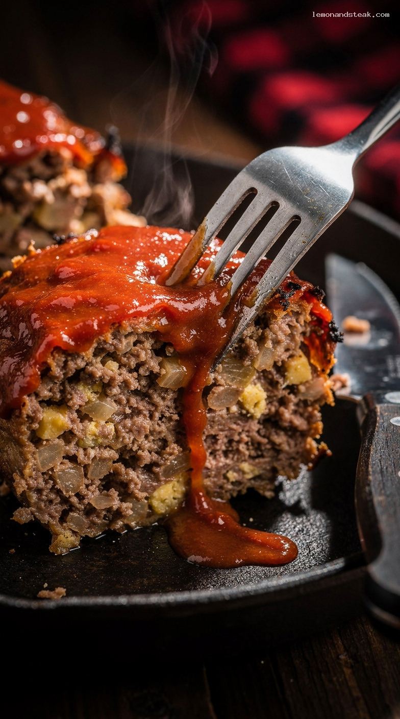 Homestyle Beef Meatloaf with Roasted Garlic and Tomato Glaze – Closeup