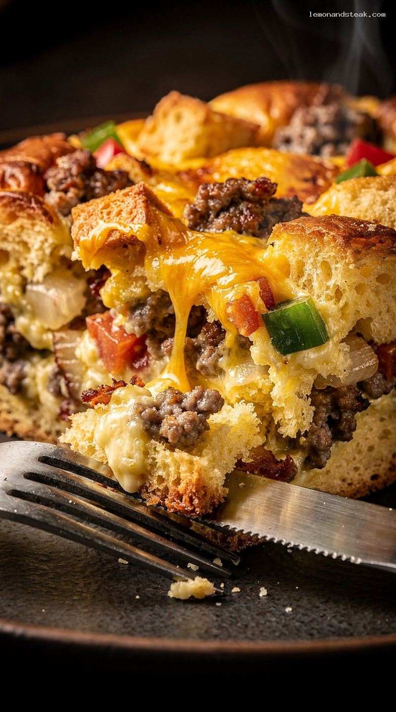 Homestyle Breakfast Egg Casserole With Cheese and Sausage – Closeup