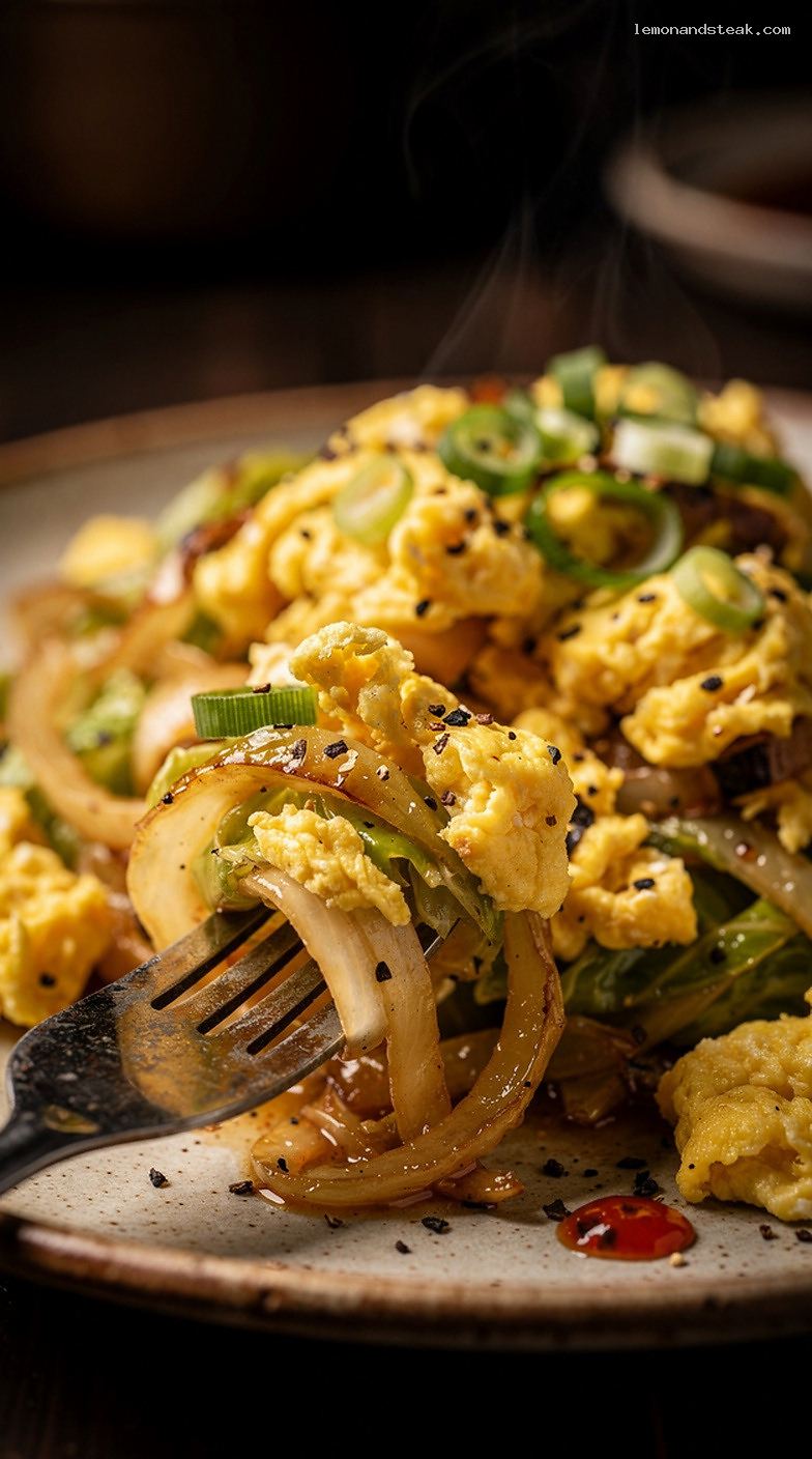 Homestyle Egg and Cabbage Stir-Fry – Closeup