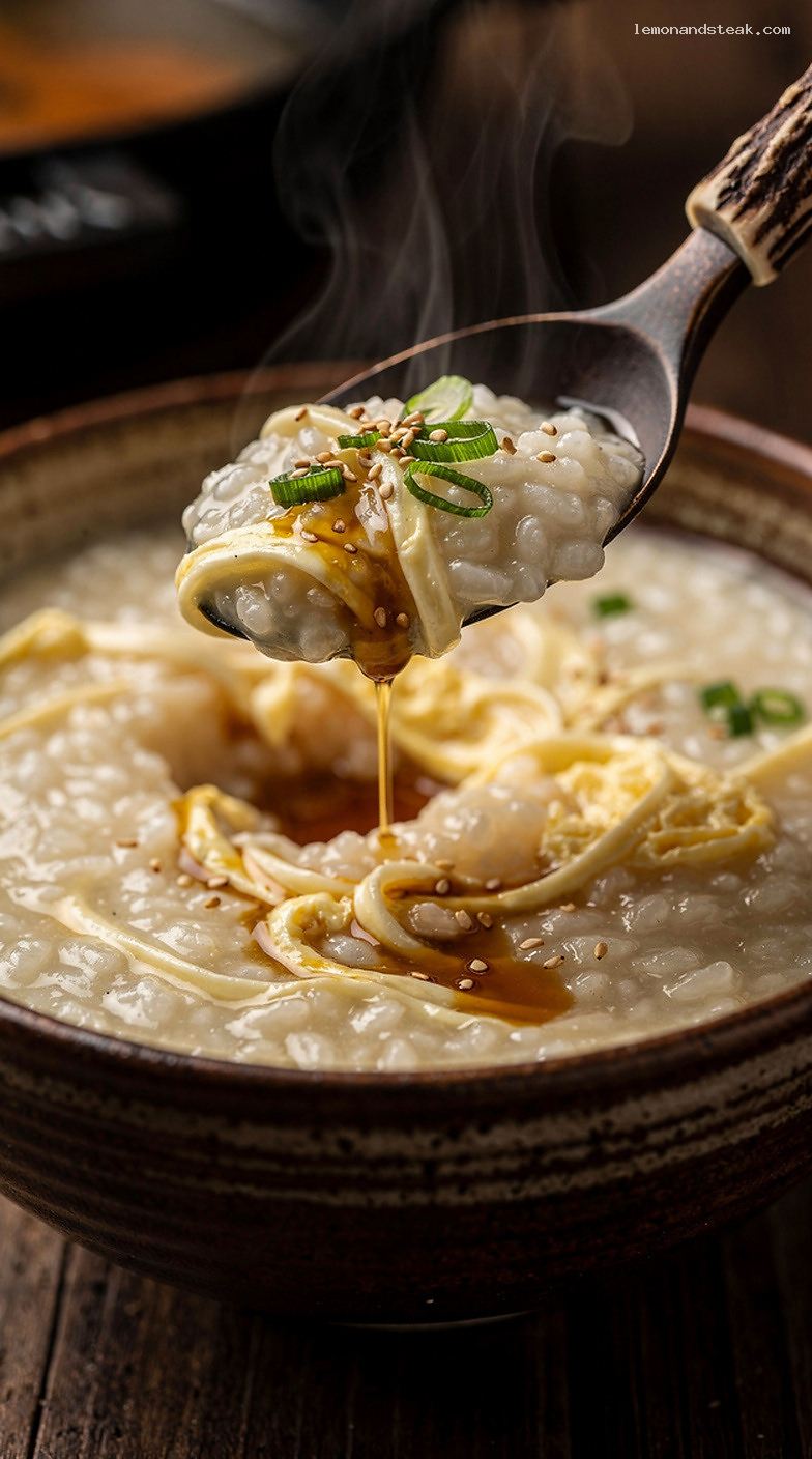 Homestyle Egg and Rice Porridge with Silky Swirled Eggs – Closeup