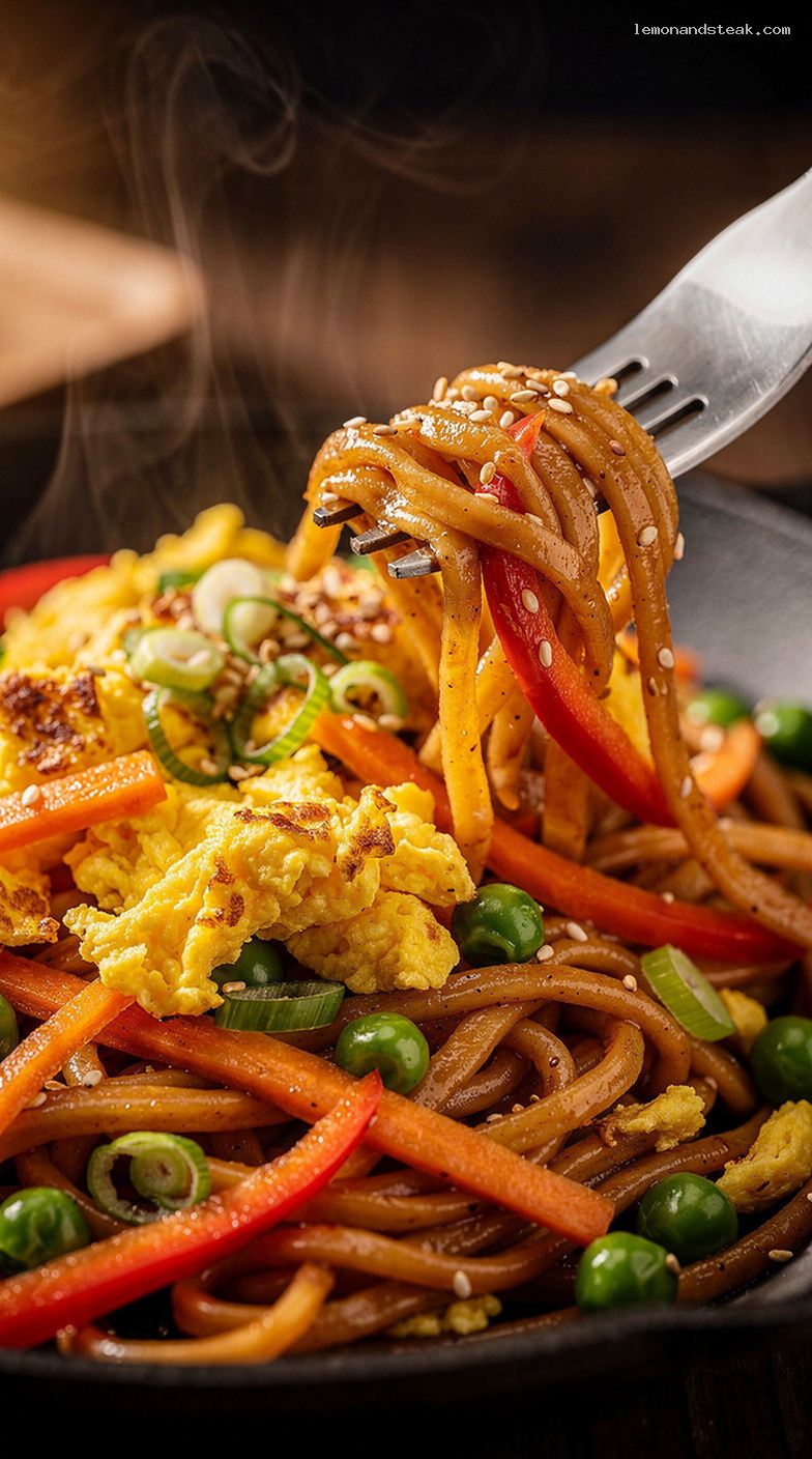 Homestyle Egg Fried Noodles With Vegetables and Soy Sauce – Closeup