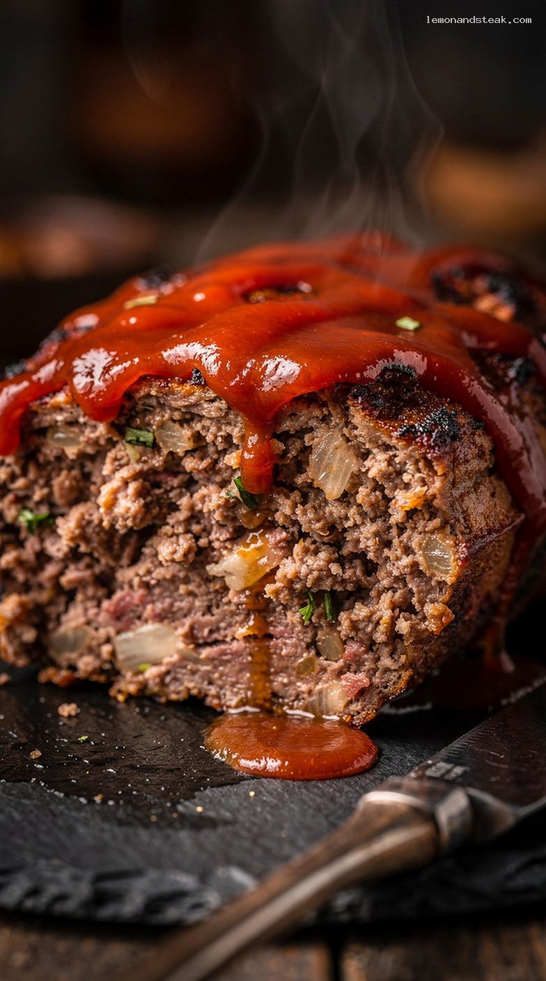 Homestyle Garlic Beef Meatloaf With Ketchup Glaze – Closeup