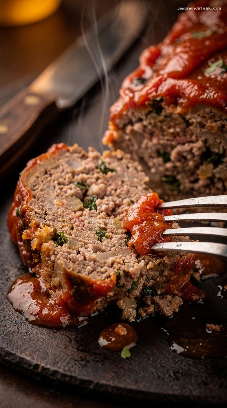 Homestyle Garlic Herb Meatloaf with Tomato Glaze – Closeup
