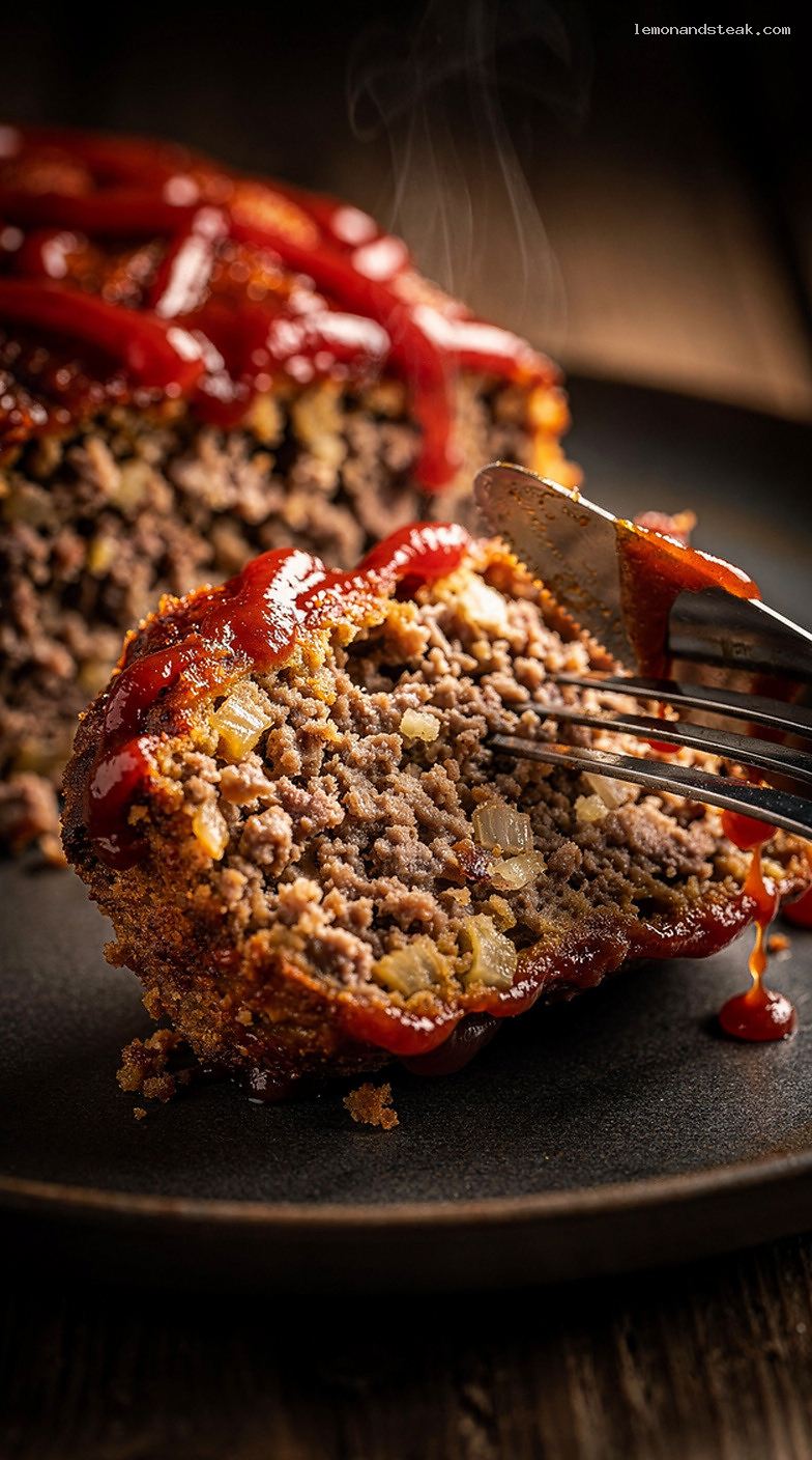 Homestyle Meatloaf With Bacon Drippings and Ketchup Glaze – Closeup