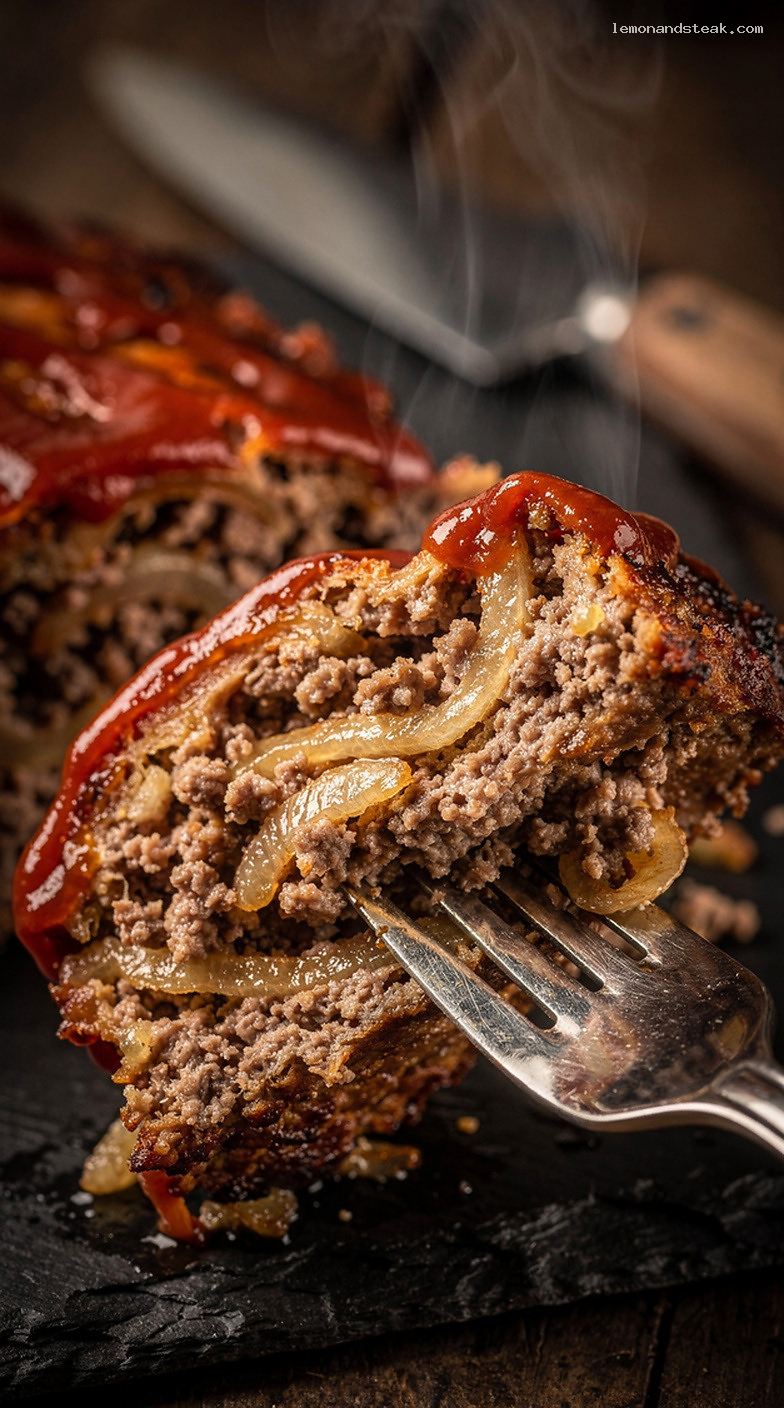 Homestyle Meatloaf With Caramelized Onions and Ketchup Glaze – Closeup