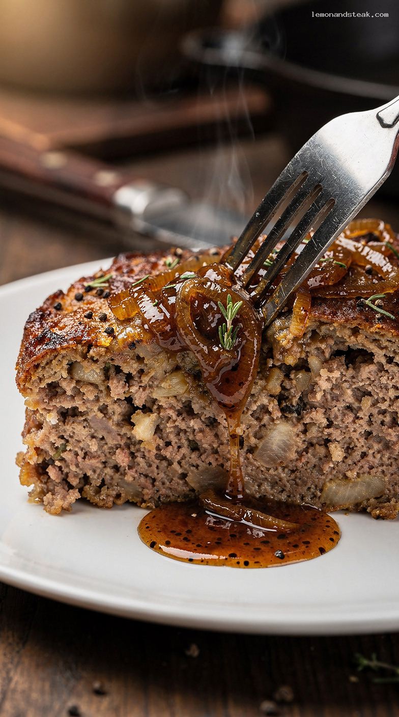 Homestyle Meatloaf With Caramelized Onions and Onion Gravy – Closeup