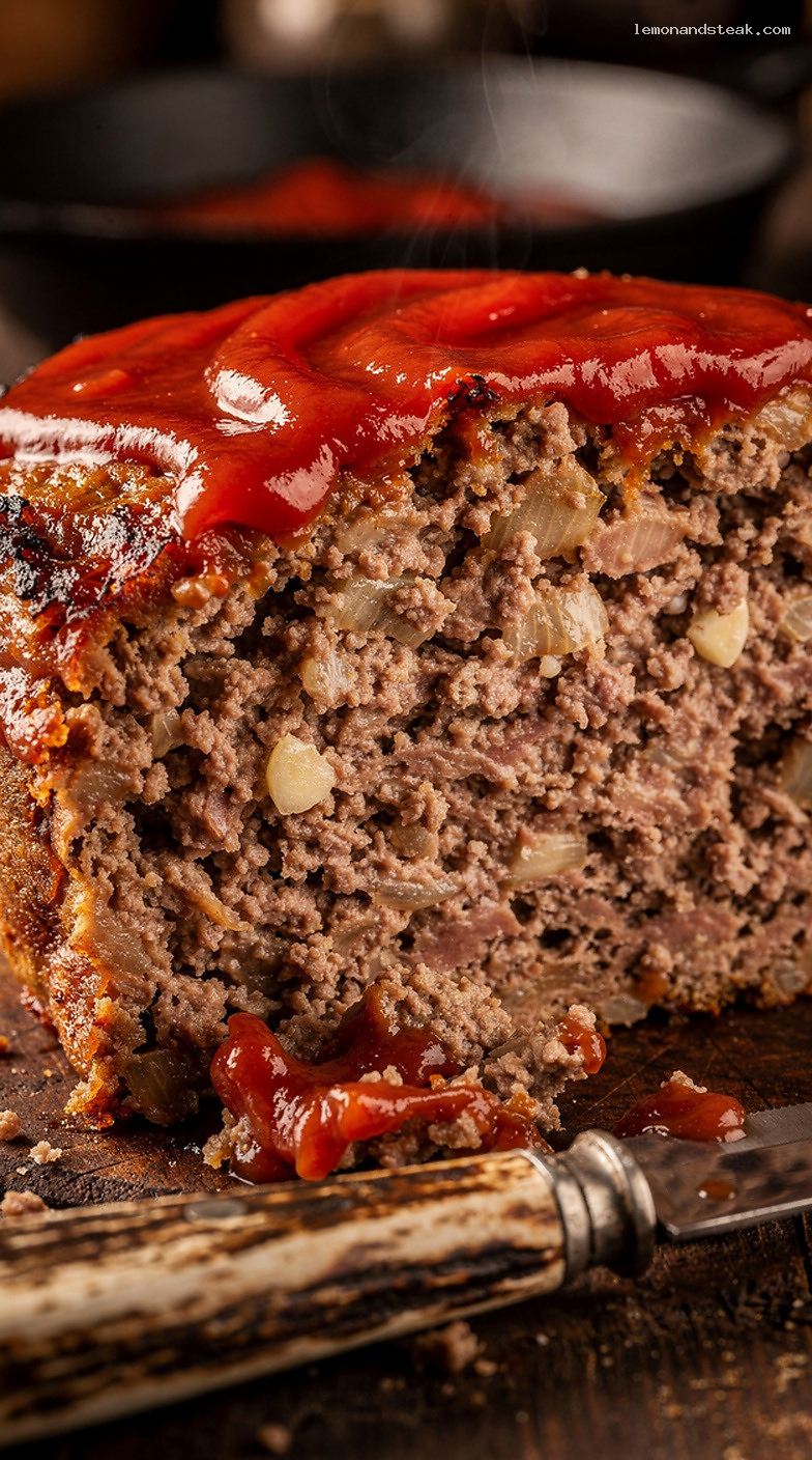 Homestyle Meatloaf With Milk-Soaked Bread and Ketchup Glaze – Closeup