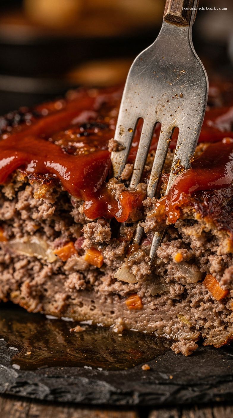 Homestyle Meatloaf With Minced Carrots, Onion, and Ketchup Glaze – Closeup