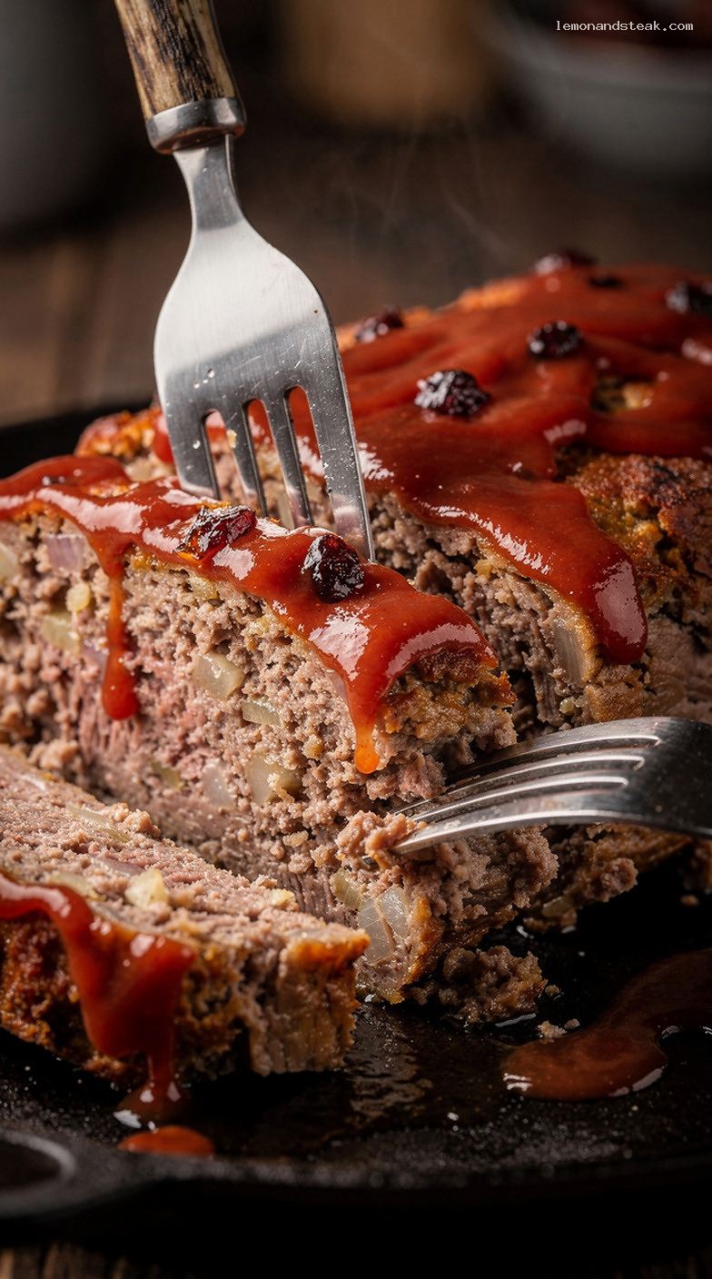 Homestyle Onion Soup Meatloaf with Ketchup Glaze – Closeup