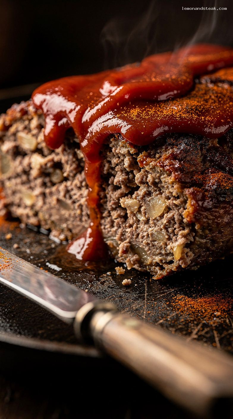 Homestyle Paprika Garlic Meatloaf With Ketchup Glaze – Closeup