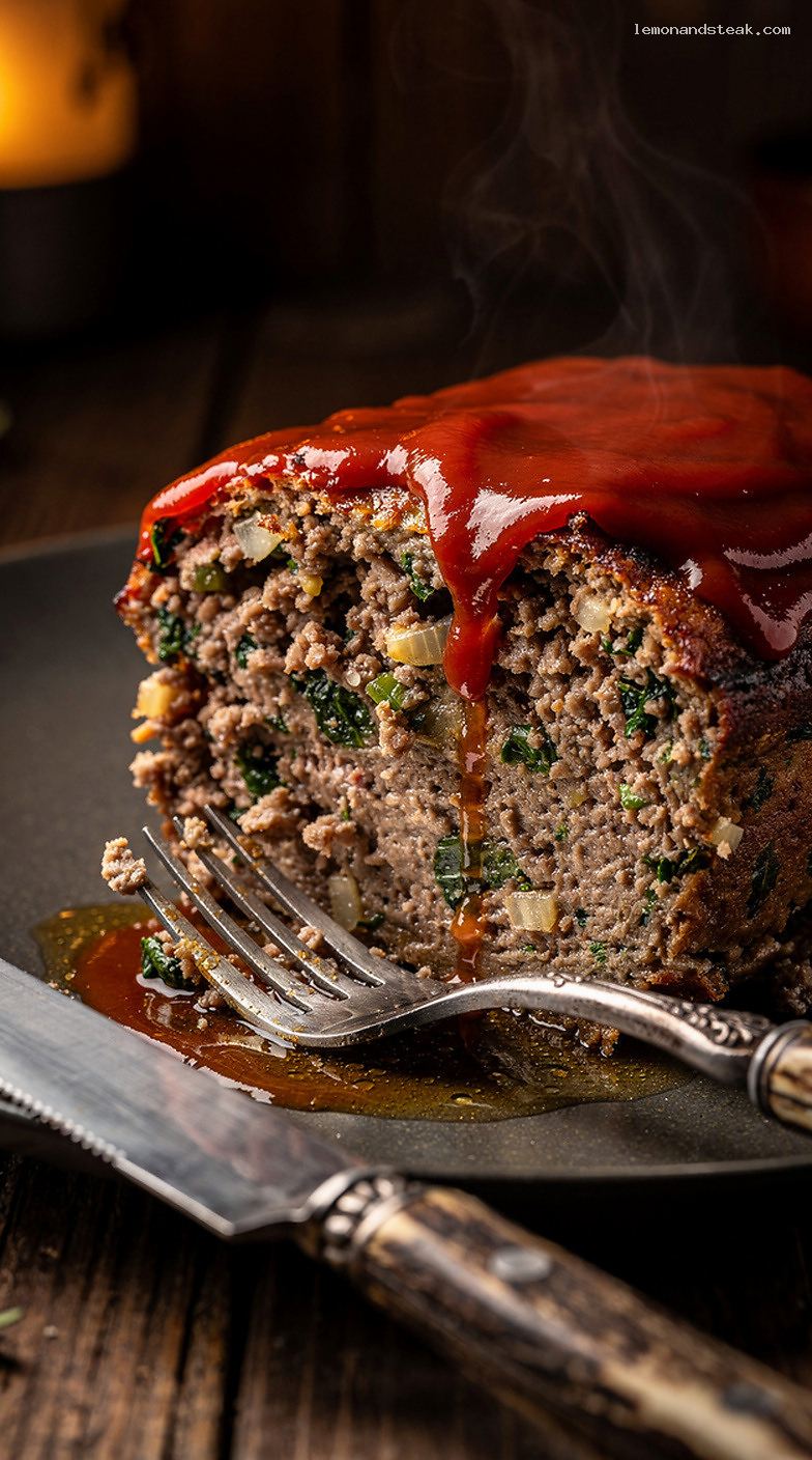 Homestyle Spinach Beef Meatloaf with Classic Ketchup Glaze – Closeup