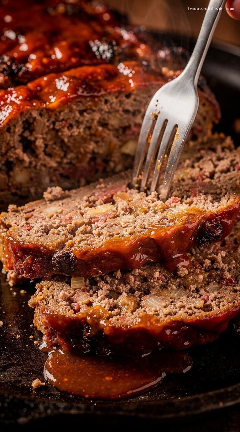 Homestyle Sweet Onion Meatloaf With Tomato Brown Sugar Glaze – Closeup