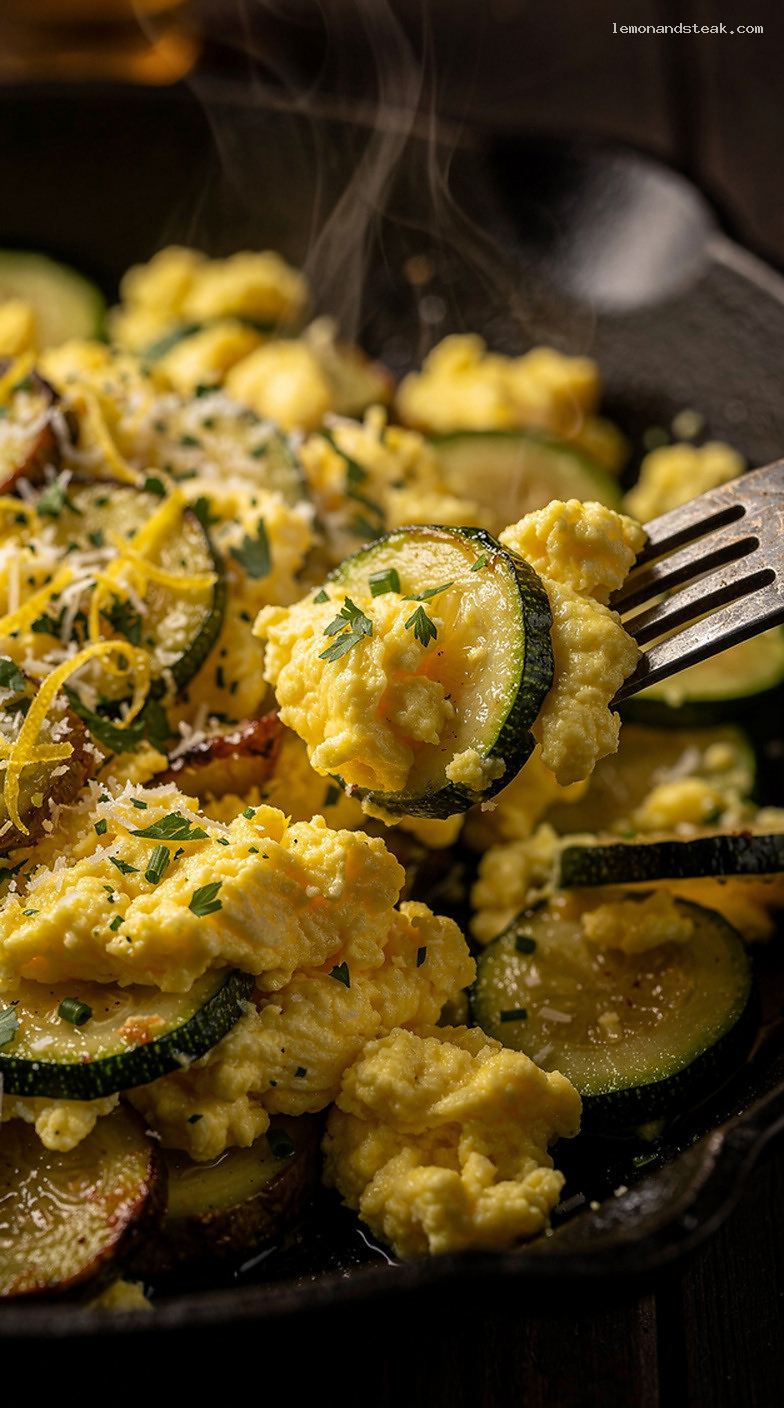 Homestyle Zucchini Sauté With Soft Scrambled Eggs and Herbs – Closeup
