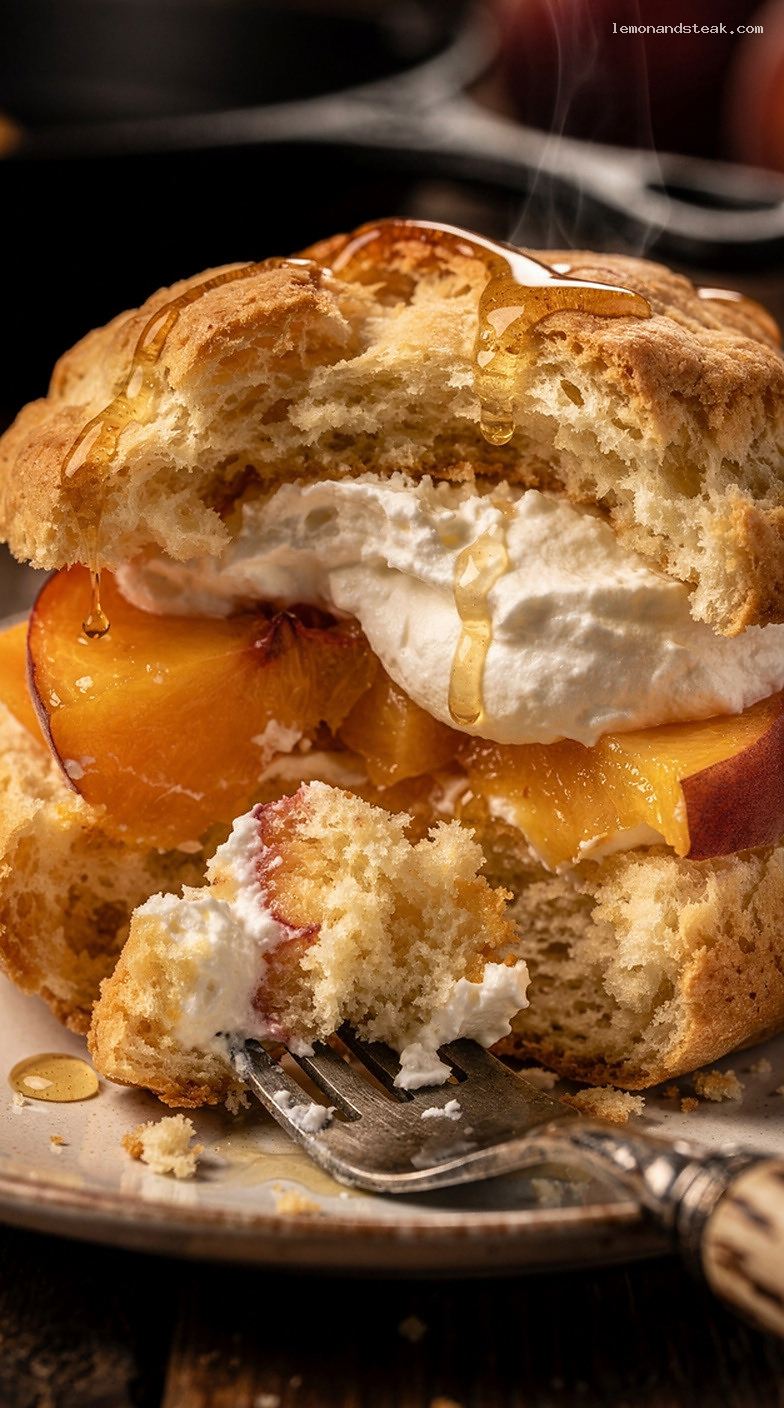 Honey Peach Shortcake with Biscuits and Whipped Cream – Closeup
