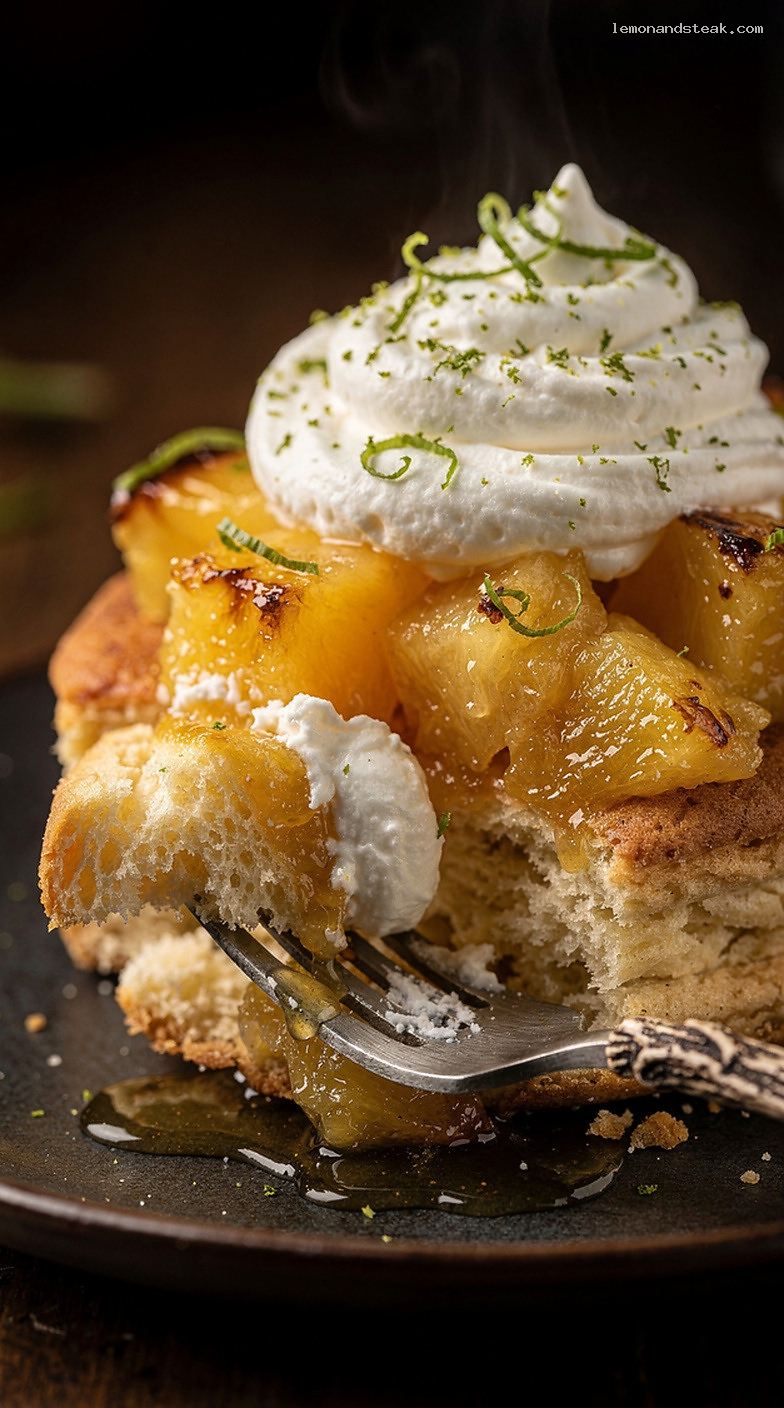 Honey-Roasted Pineapple Shortcake with Whipped Cream and Lime Zest – Closeup
