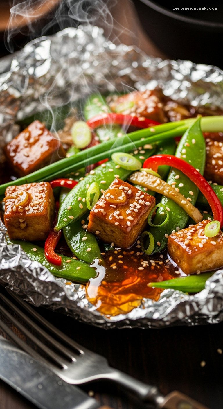 Honey-Soy Tofu and Snap Peas Foil Packet Recipe – Closeup