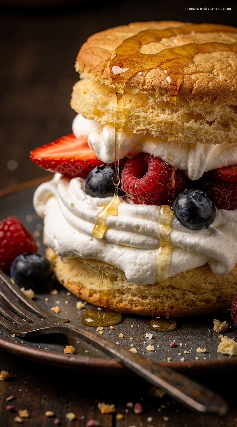 Honey Vanilla Shortcake Biscuits With Berries and Whipped Cream – Closeup