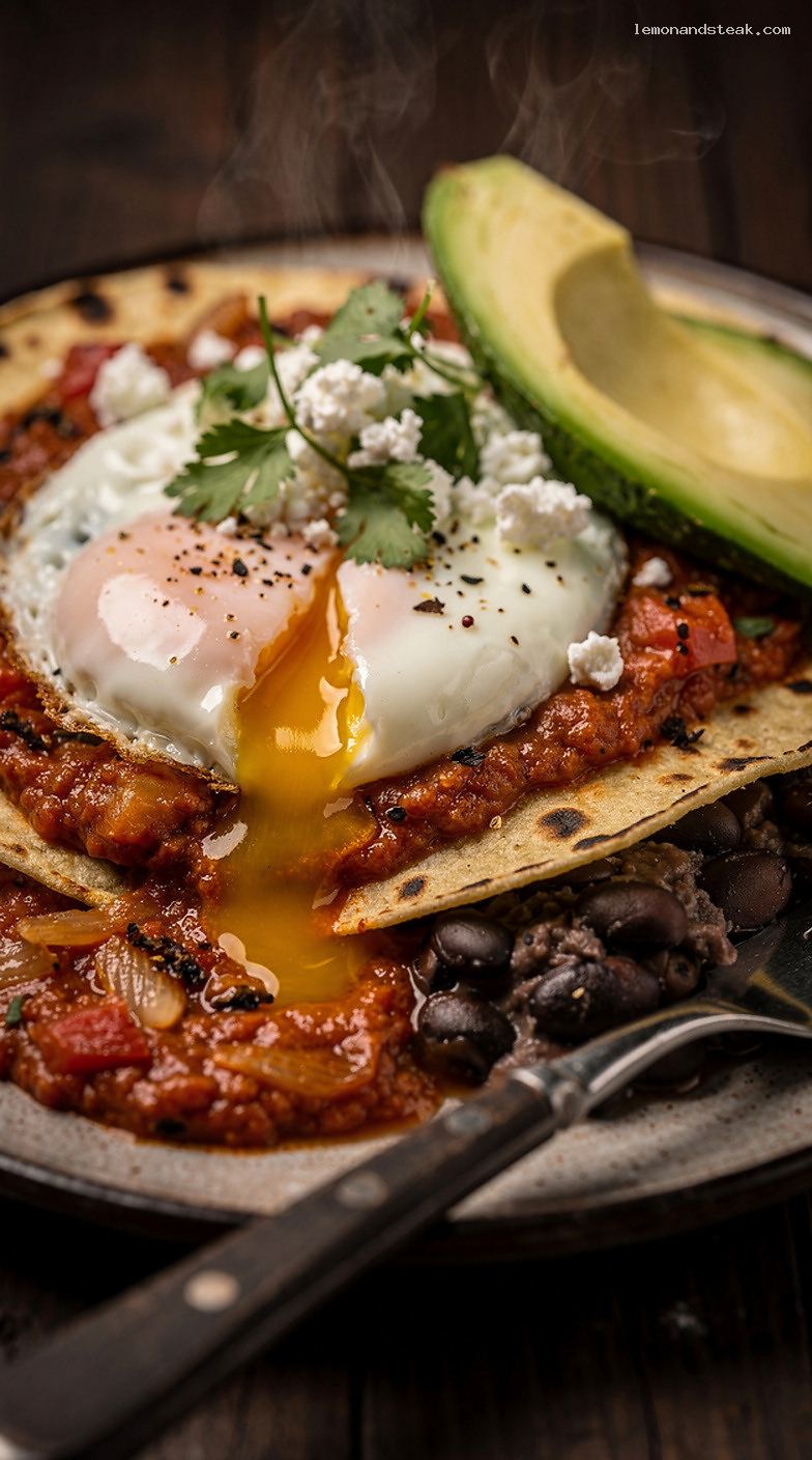 Huevos Rancheros With Fried Eggs and Tomato-Chili Sauce – Closeup