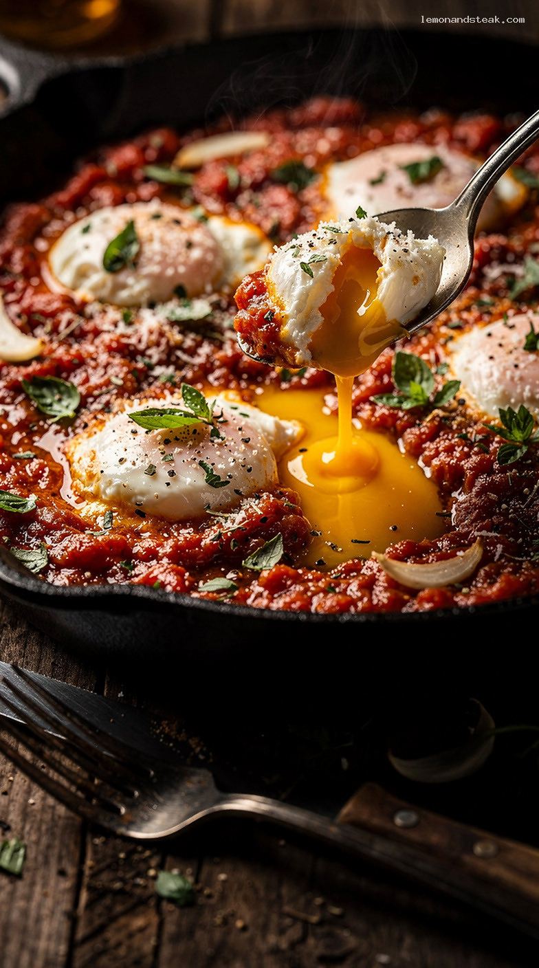 Italian Baked Eggs in Tomato Sauce with Garlic and Herbs – Closeup