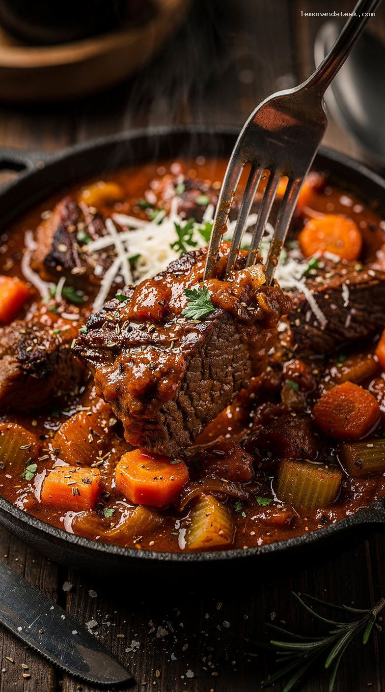 Italian-Style Beef Stew with Tomatoes and Herbs – Closeup