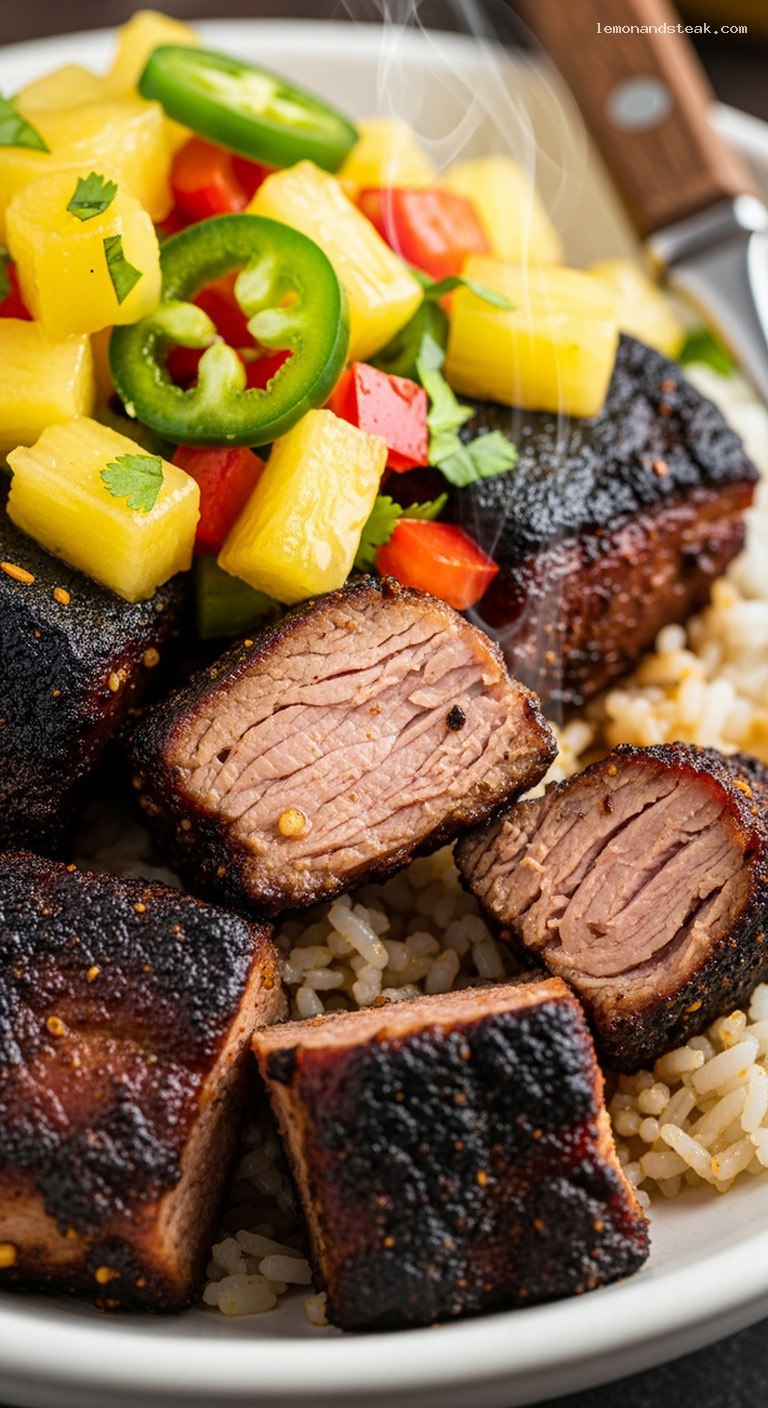 Jamaican Jerk Pork Bowls with Coconut Rice and Pineapple Salsa – Closeup