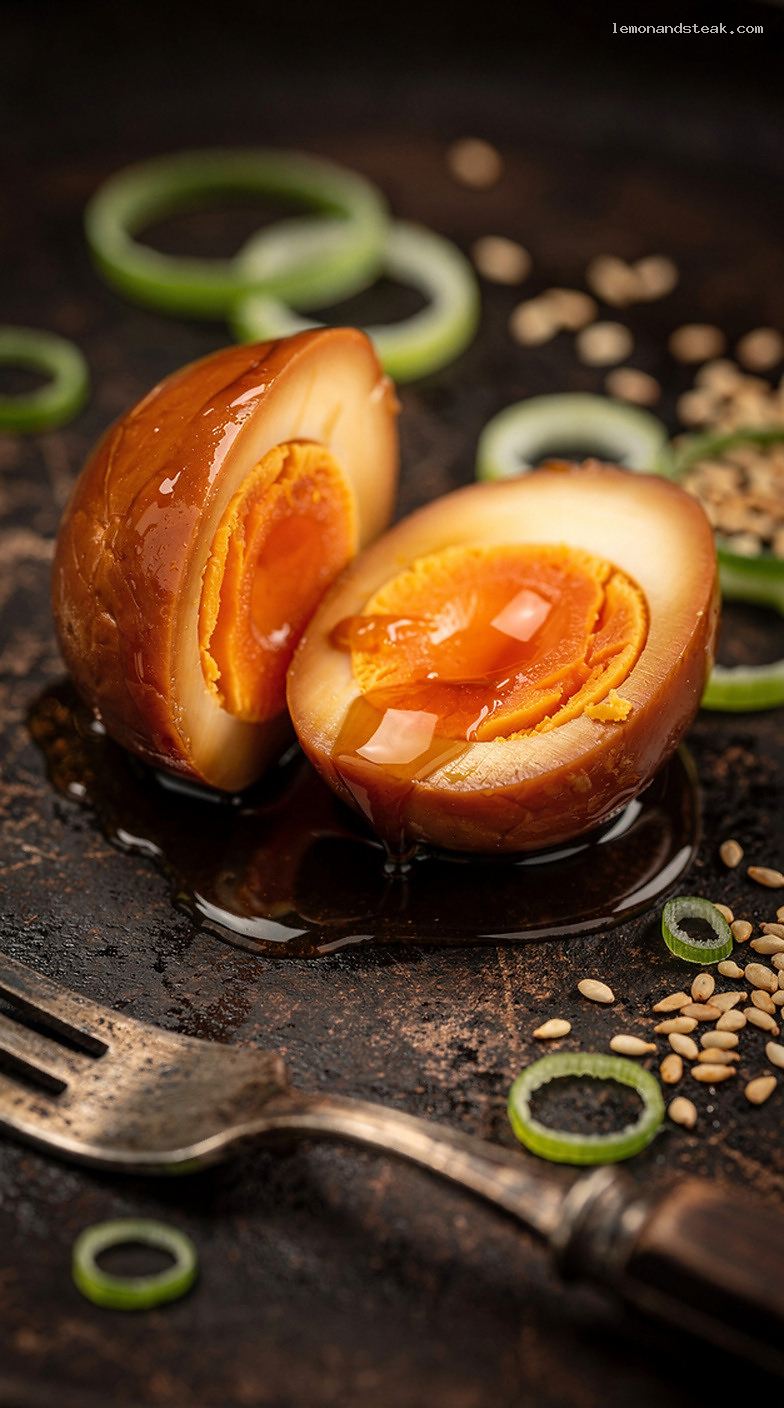 Japanese Soy-Marinated Ramen Eggs With Jammy Yolks – Closeup