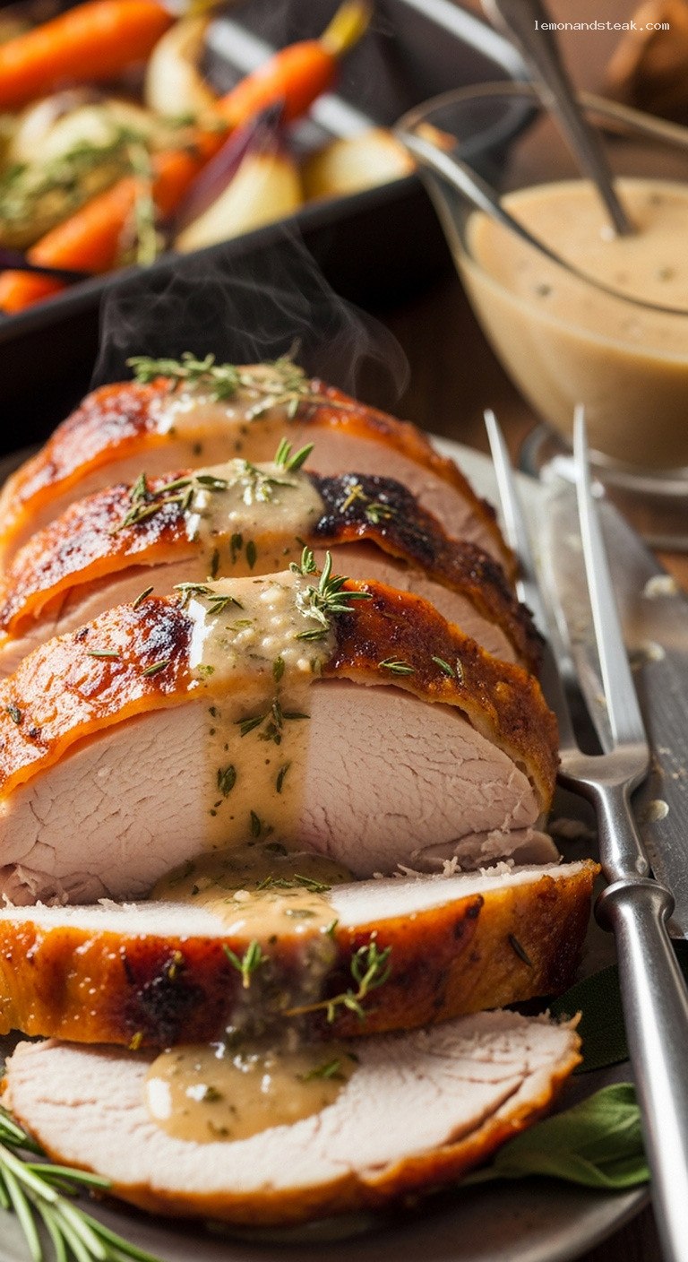 Layered Garlic-Herb Glazed Roast Turkey with Pan Gravy – Closeup