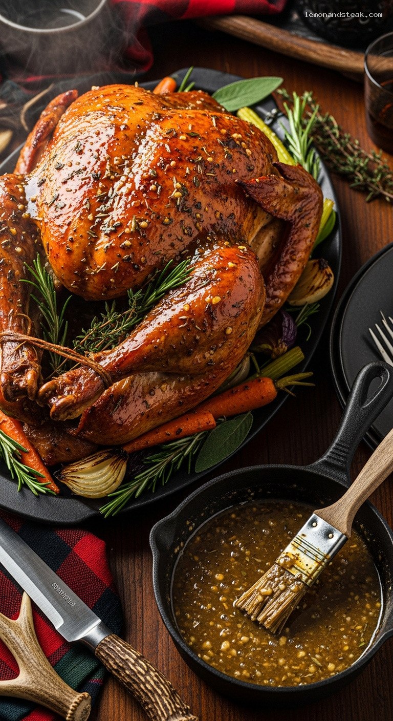 Layered Garlic-Herb Glazed Roast Turkey with Pan Gravy