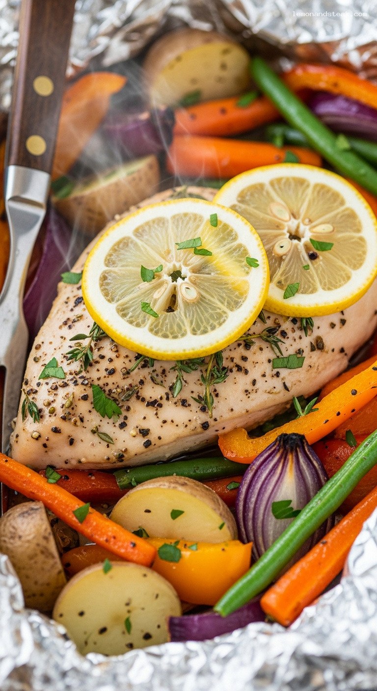 Lemon Herb Chicken and Veggie Foil Packets – Closeup