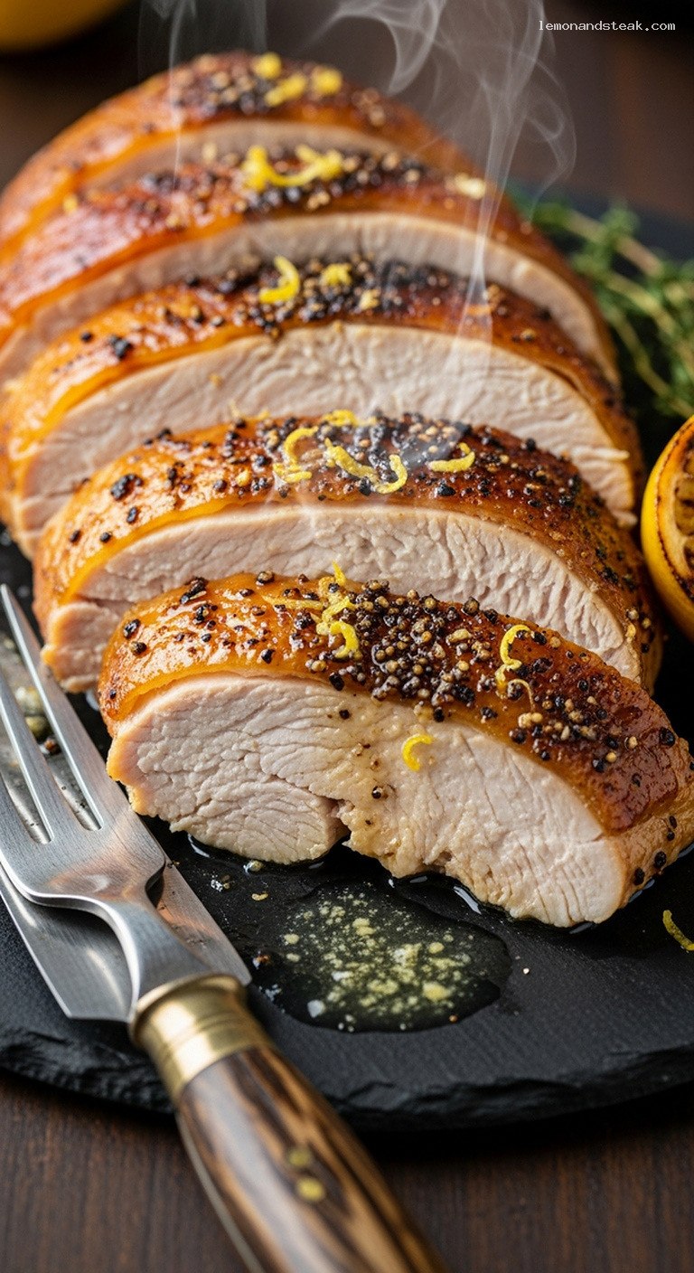 Lemon Pepper Roasted Turkey With Butter and Citrus – Closeup