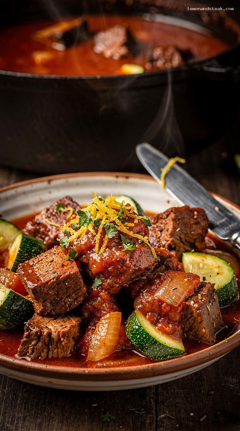 Light Beef and Zucchini Stew with Tomatoes and Herbs – Closeup