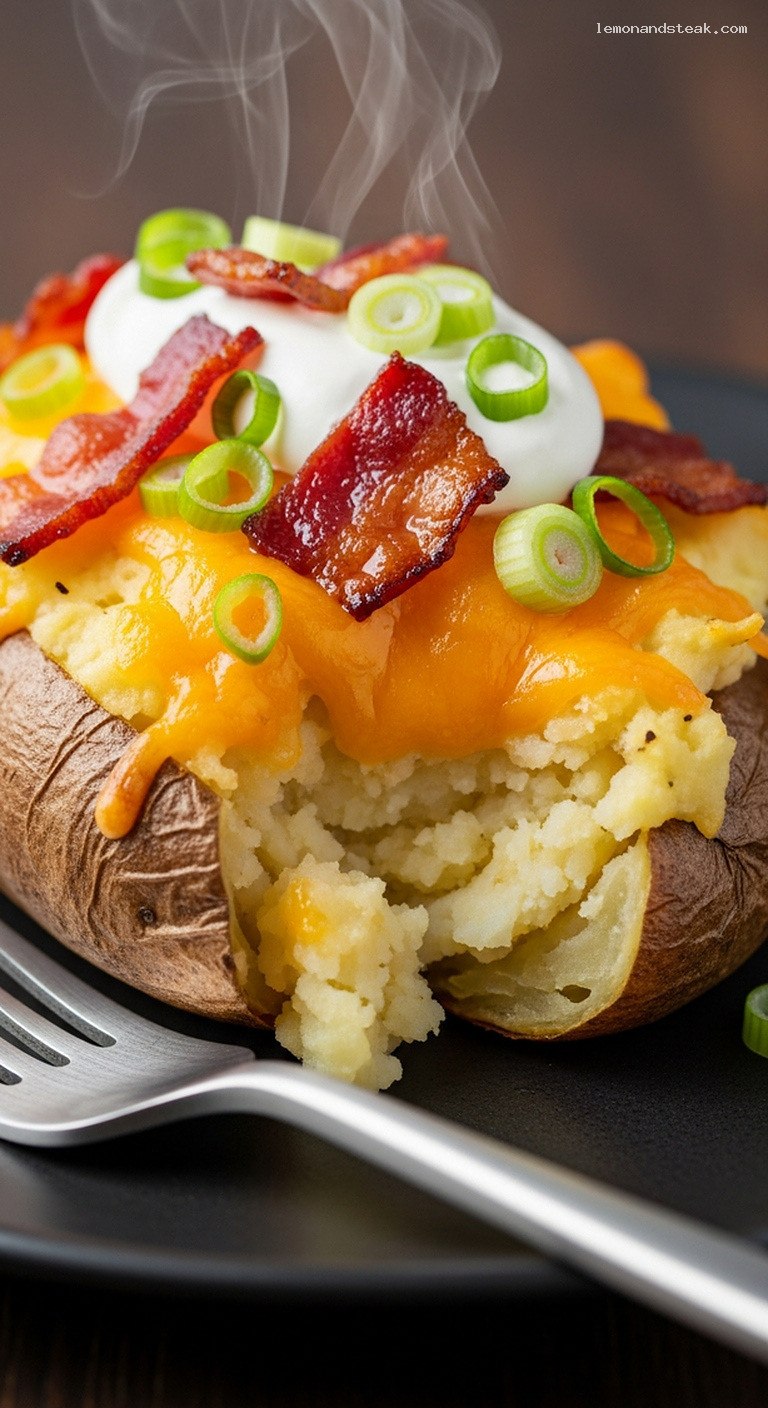 Loaded Baked Potatoes With Cheddar, Bacon and Sour Cream – Closeup