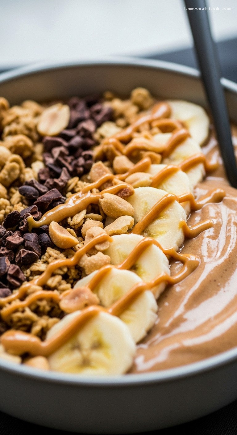 Loaded Peanut Butter Smoothie Bowl with Granola and Banana – Closeup