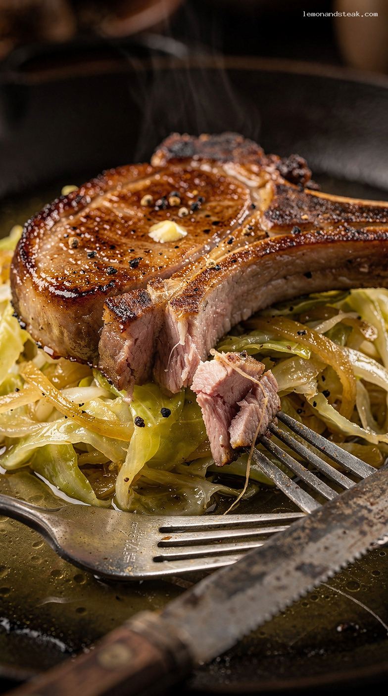 Low and Slow Pork Chops with Cabbage and Onions – Closeup