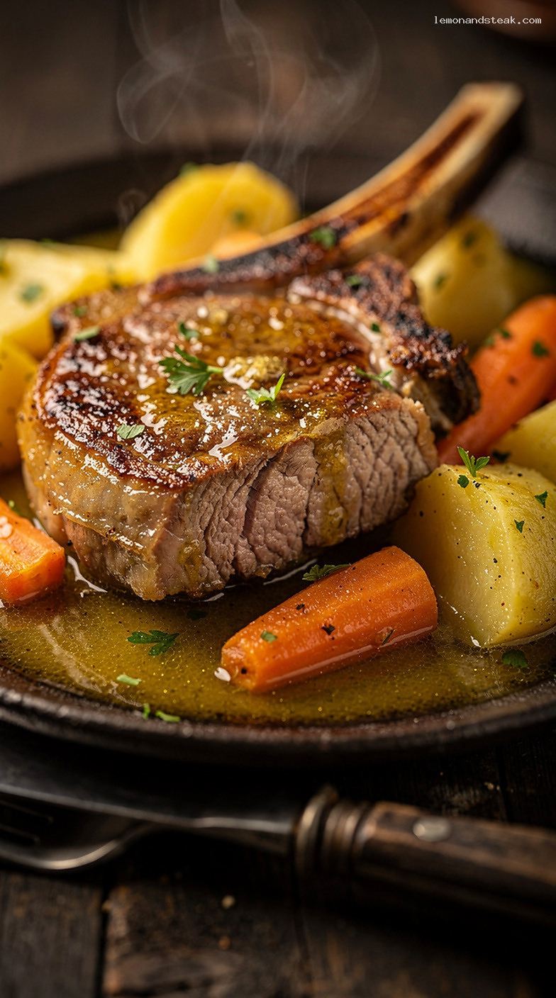 Low and Slow Pork Chops with Carrots and Potatoes – Closeup