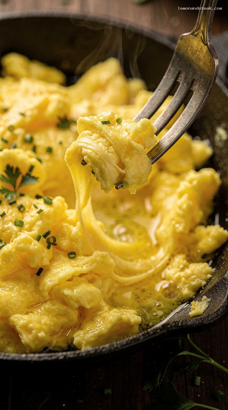Low and Slow Soft Scrambled Eggs with Butter and Herbs – Closeup