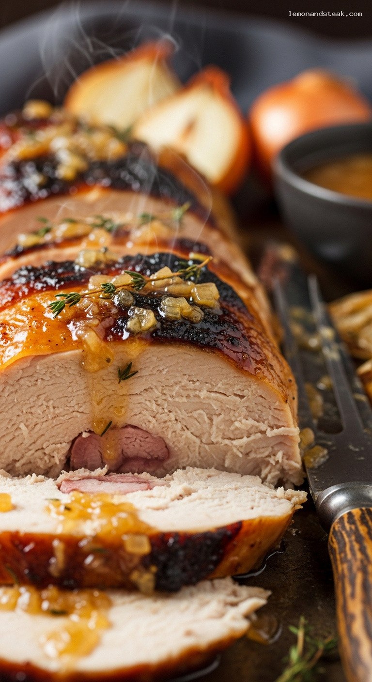 Maple-Butter Glazed Roast Turkey With Caramelized Onions – Closeup