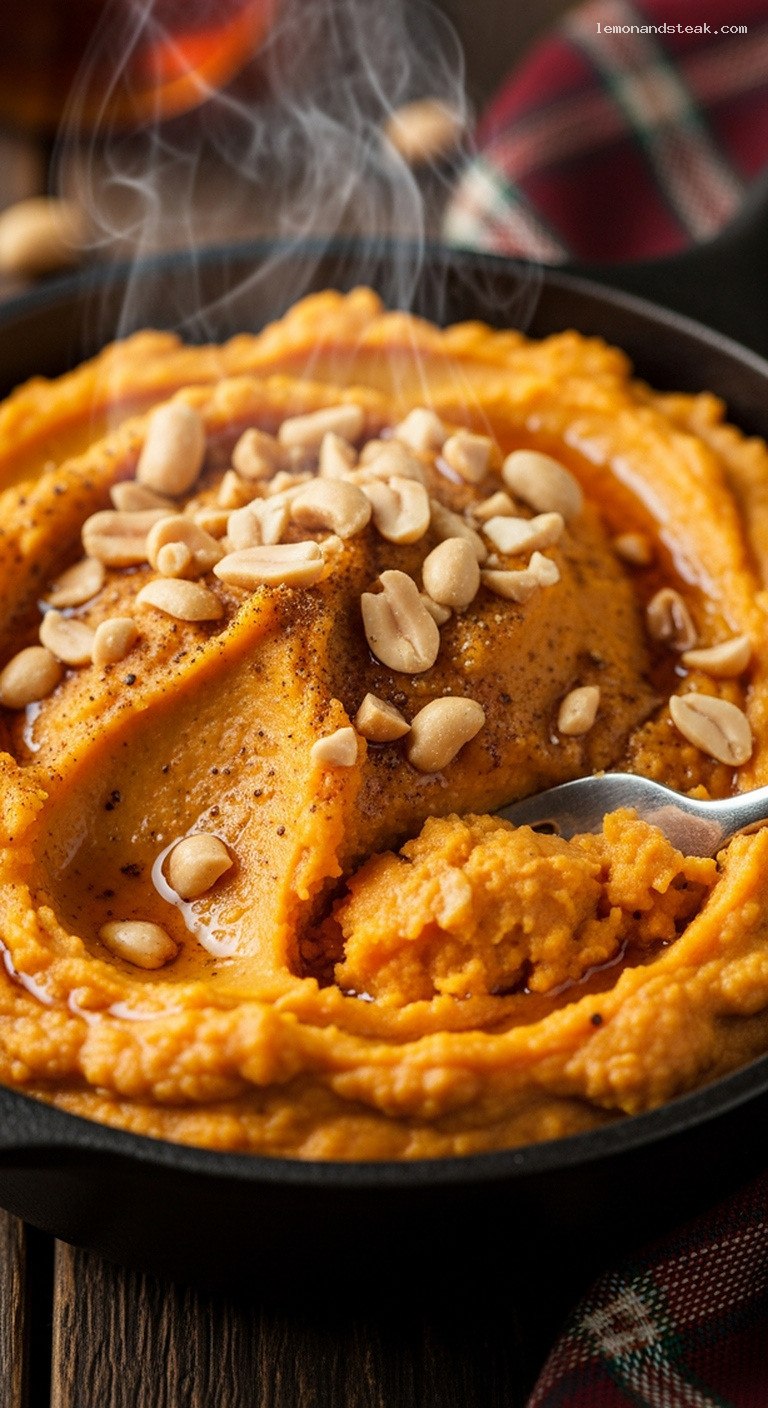 Maple Peanut Butter Sweet Potato Mash with Toasted Peanuts – Closeup