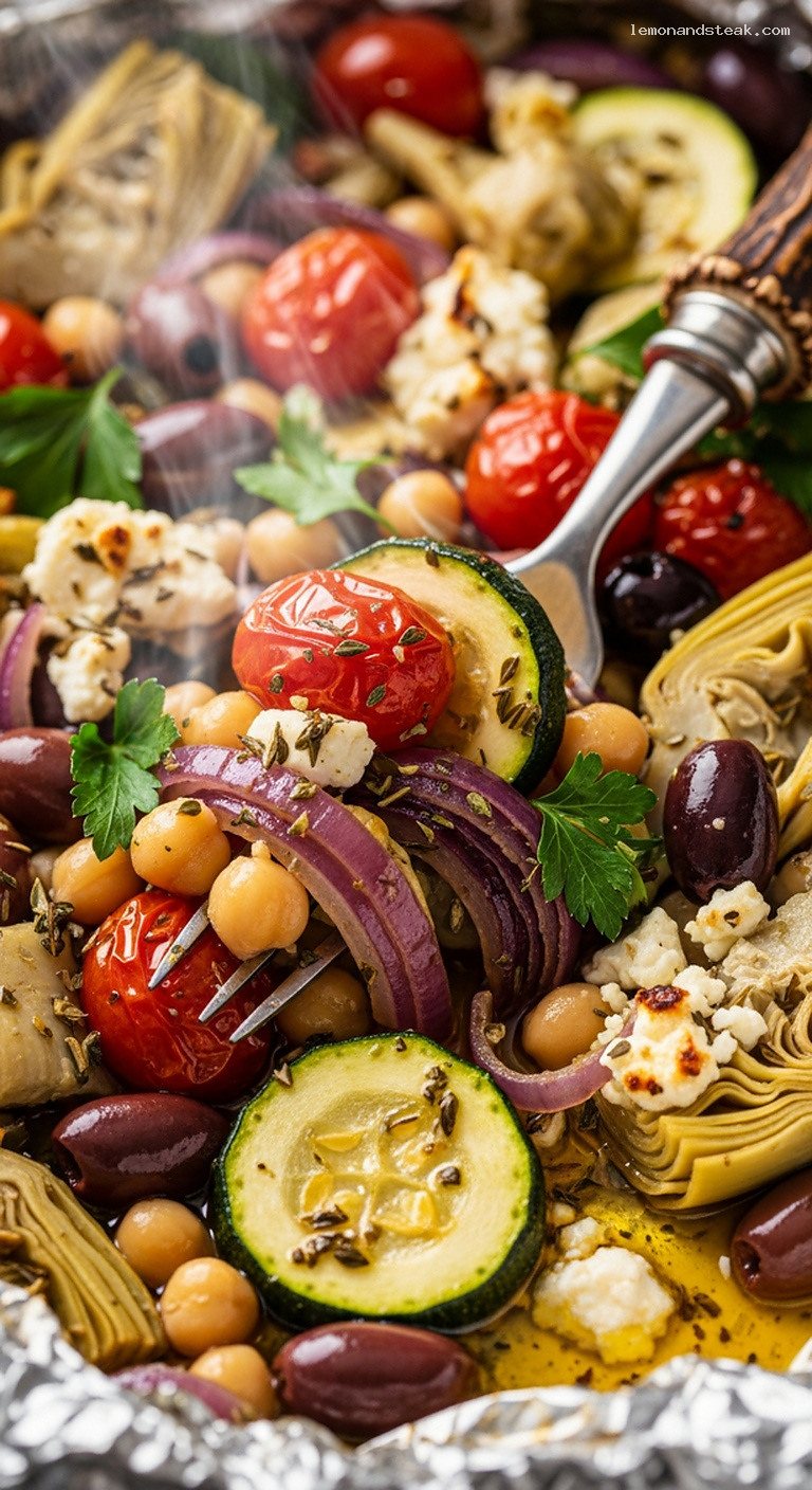 Mediterranean Veggie and Chickpea Foil Packets with Garlic Herbs – Closeup